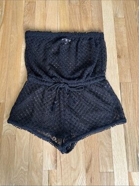 Victoria's Secret Black Crochet Swimsuit Strapless Cover-Up Romper, Size M